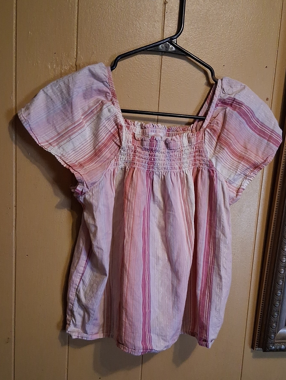 wonder nation Pink & White Striped Smocked Flutter Top
